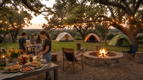 A Texas backyard campout with tents, a safely contained fire pit, and a casual outdoor meal at dusk.