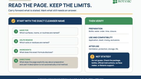 A product-page reading guide points to the exact cleanser name, stated jobs, soils, ingredients, directions, and a pause point for details the page does not provide.