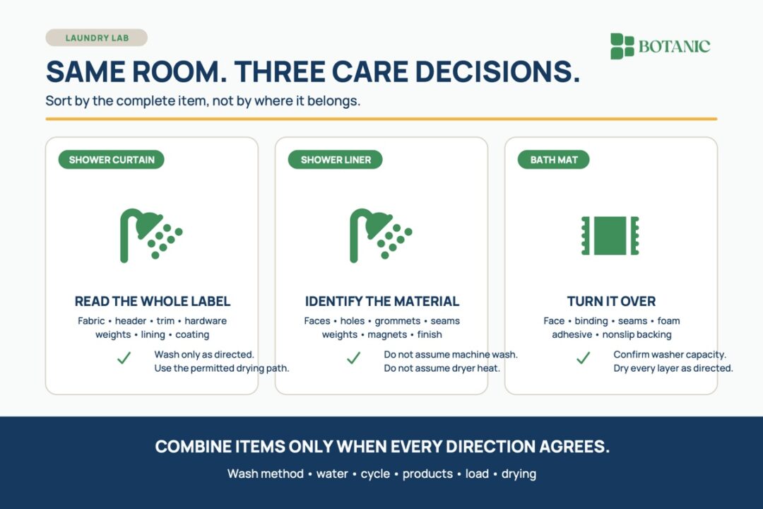 A three-part care guide separates a shower curtain, shower liner, and bath mat into individual label-led wash and dry decisions.
