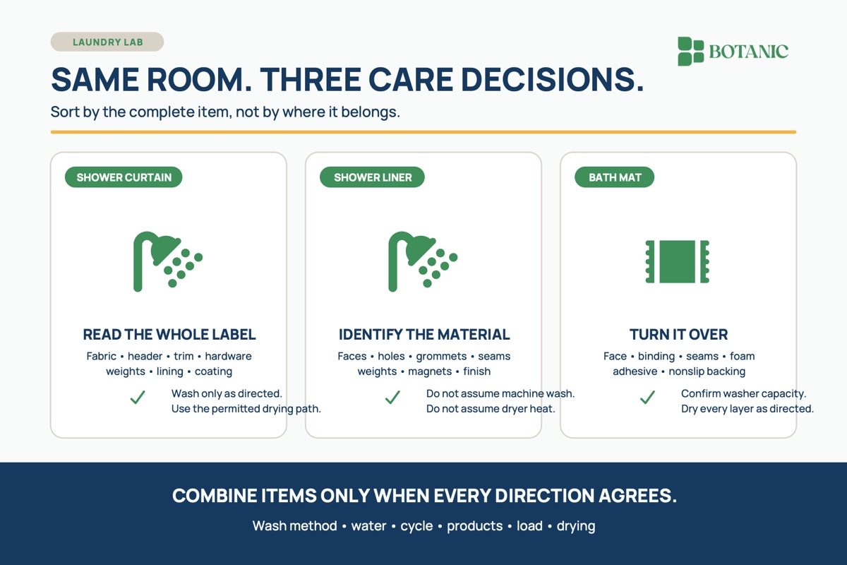 A three-part care guide separates a shower curtain, shower liner, and bath mat into individual label-led wash and dry decisions.