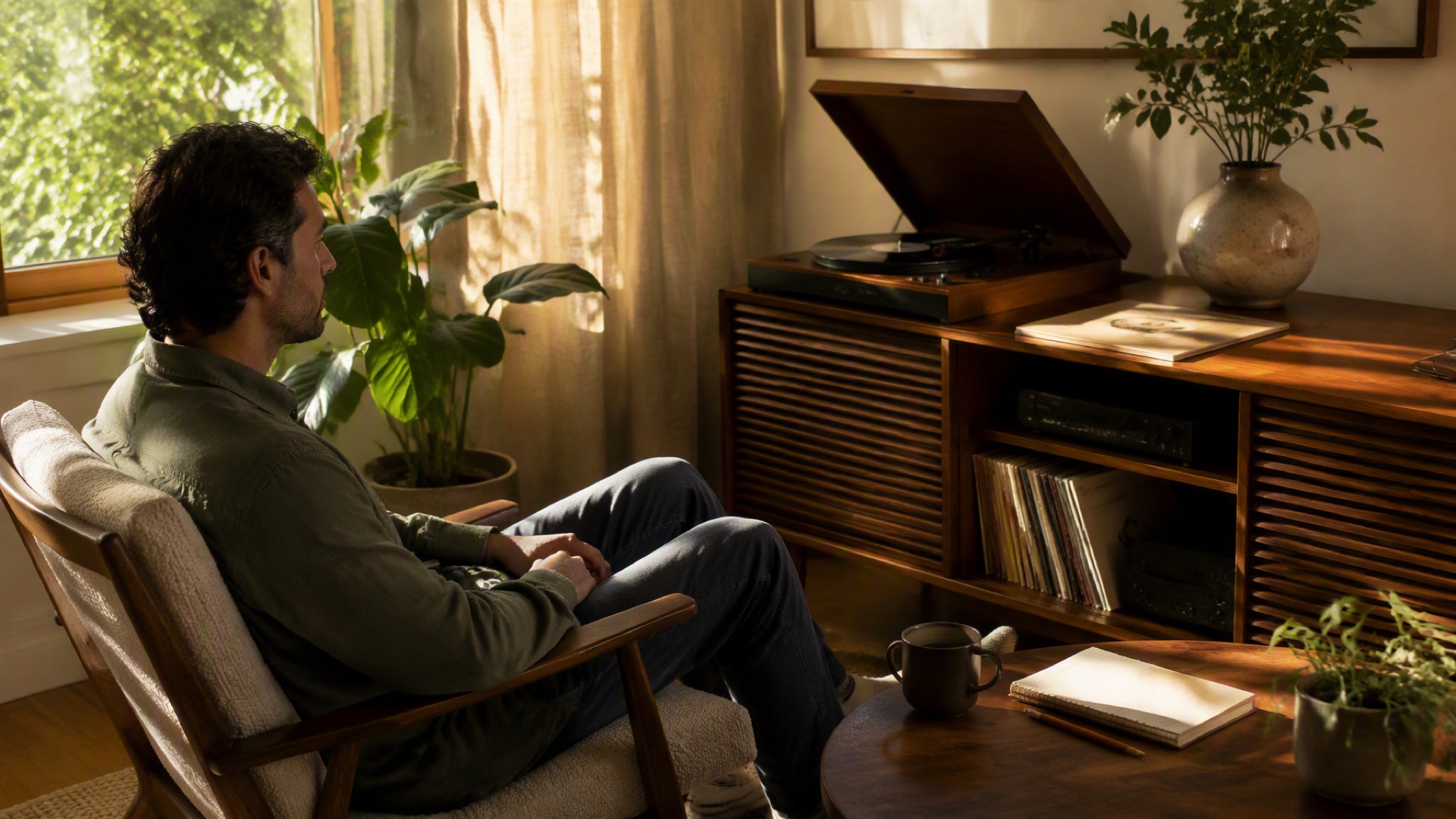 A vinyl record playing beside a blank listening journal in a warm, plant-filled living room.