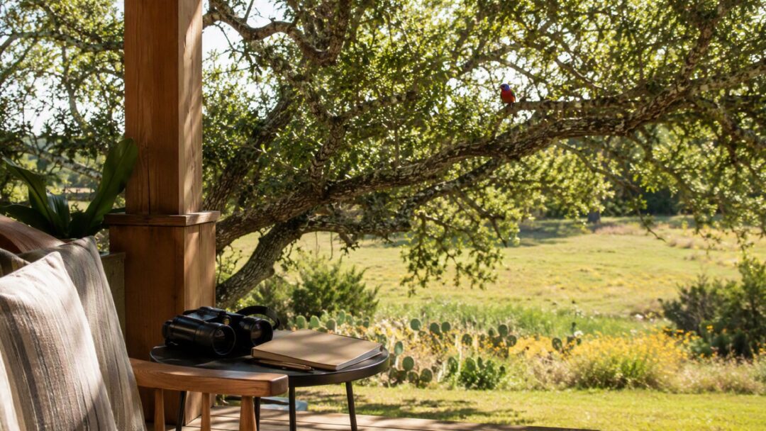 A painted bunting in a live oak viewed from a shaded porch with binoculars and a field notebook nearby.