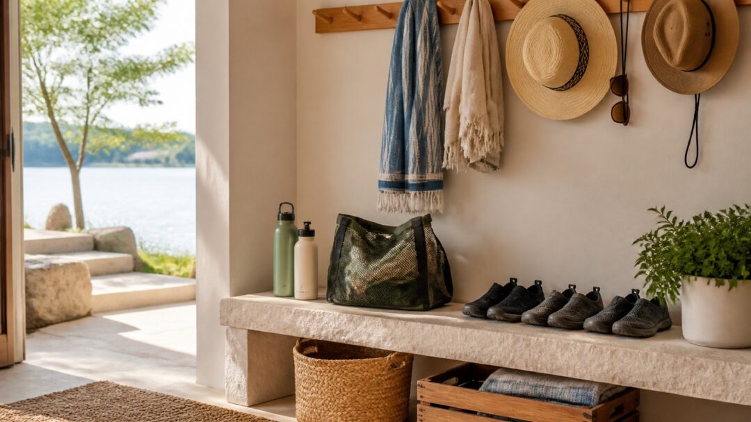 An organized entryway drop zone with drying water shoes, towels, hats, water bottles, and lake-day gear.