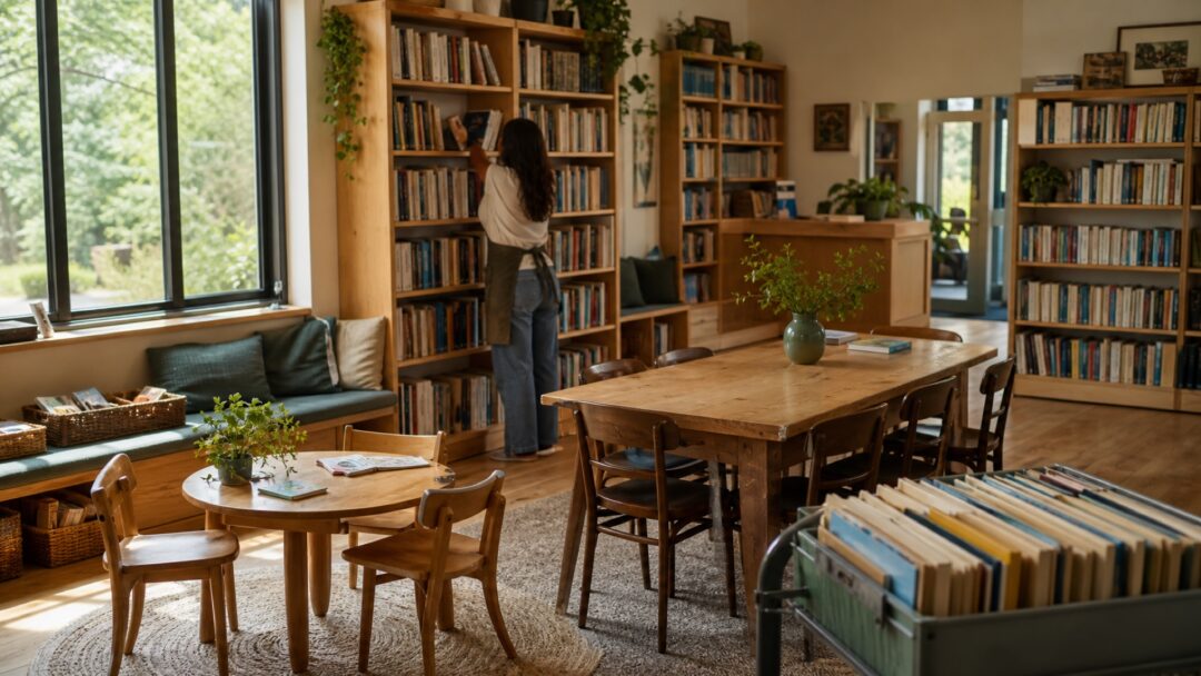 A welcoming volunteer community library with bookshelves, a children's reading nook, and a shared table.