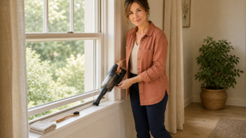 Hazel vacuums loose grit from the interior track of a cream-painted window with a soft brush attachment while a folded cloth and small detailing brush wait on the sill.