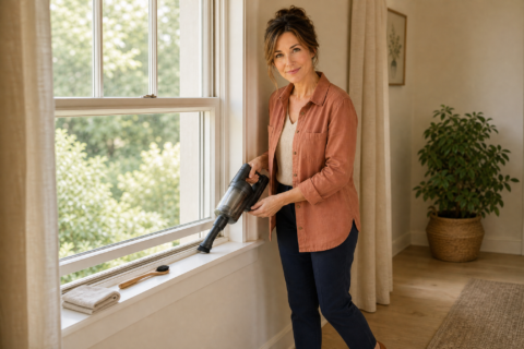 Hazel vacuums loose grit from the interior track of a cream-painted window with a soft brush attachment while a folded cloth and small detailing brush wait on the sill.