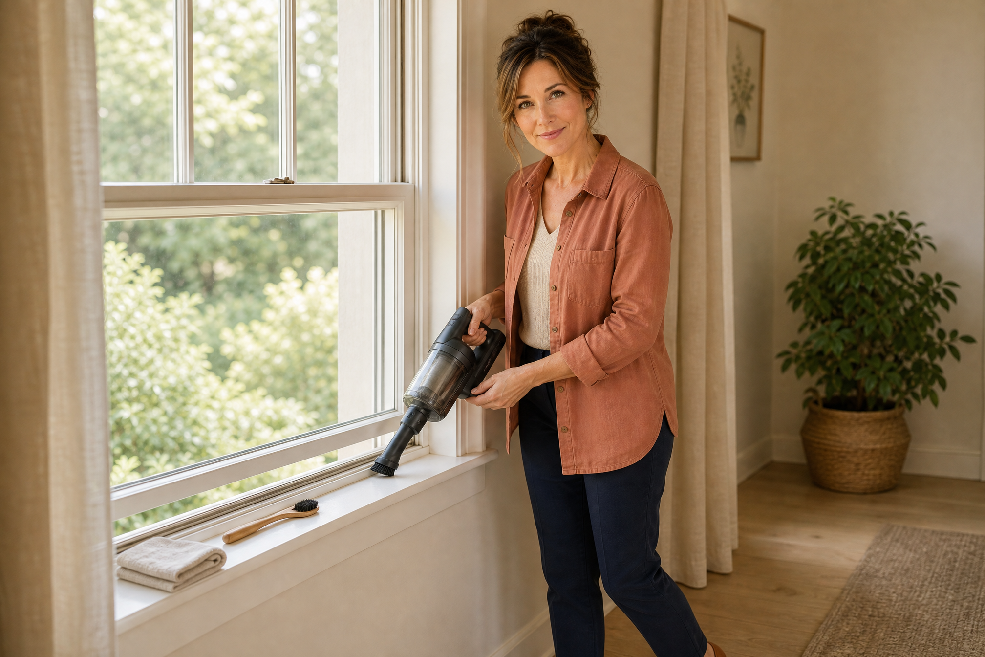 Hazel vacuums loose grit from the interior track of a cream-painted window with a soft brush attachment while a folded cloth and small detailing brush wait on the sill.