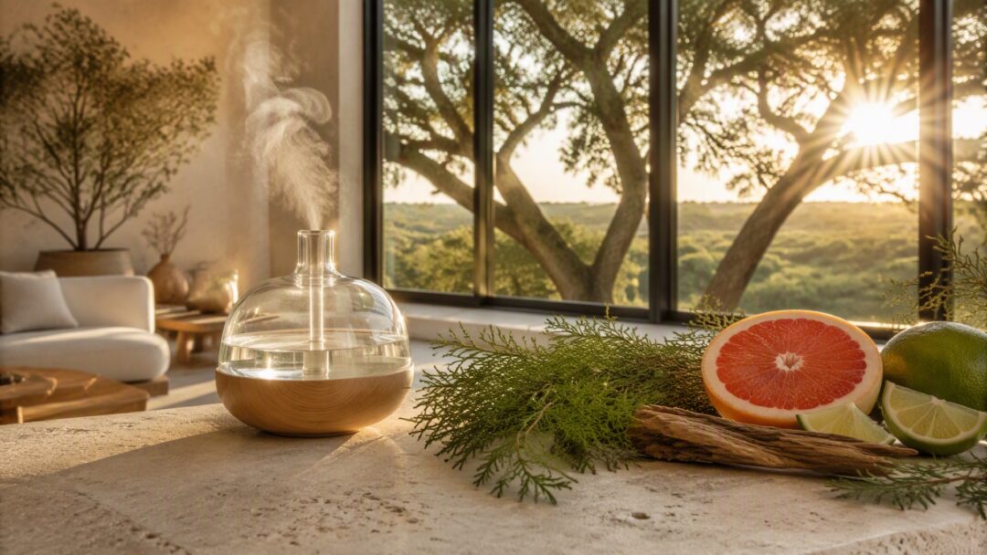 A diffuser with grapefruit, bergamot, cedarwood, and cypress arranged in warm Hill Country morning light.