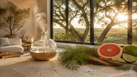A diffuser with grapefruit, bergamot, cedarwood, and cypress arranged in warm Hill Country morning light.