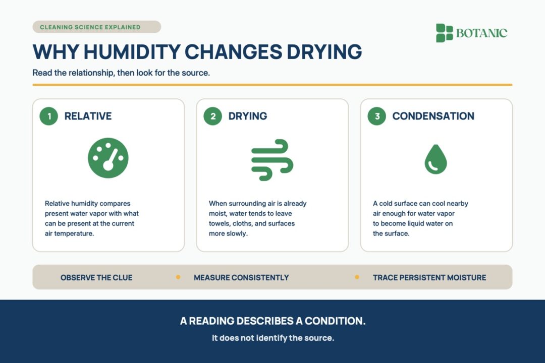 A humidity explainer shows how relative humidity depends on temperature, why moist surrounding air slows drying, and how cold surfaces can collect condensation.