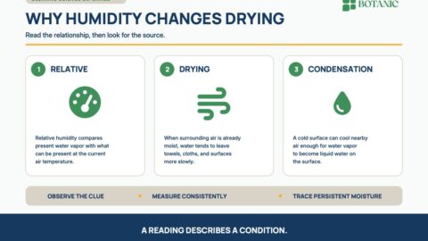 A humidity explainer shows how relative humidity depends on temperature, why moist surrounding air slows drying, and how cold surfaces can collect condensation.
