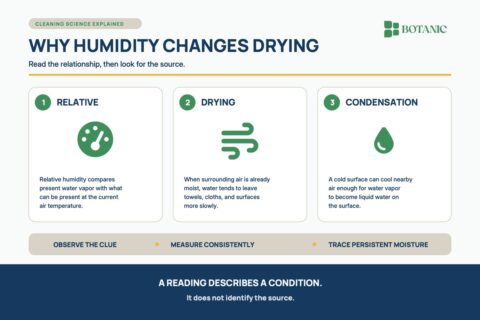 A humidity explainer shows how relative humidity depends on temperature, why moist surrounding air slows drying, and how cold surfaces can collect condensation.