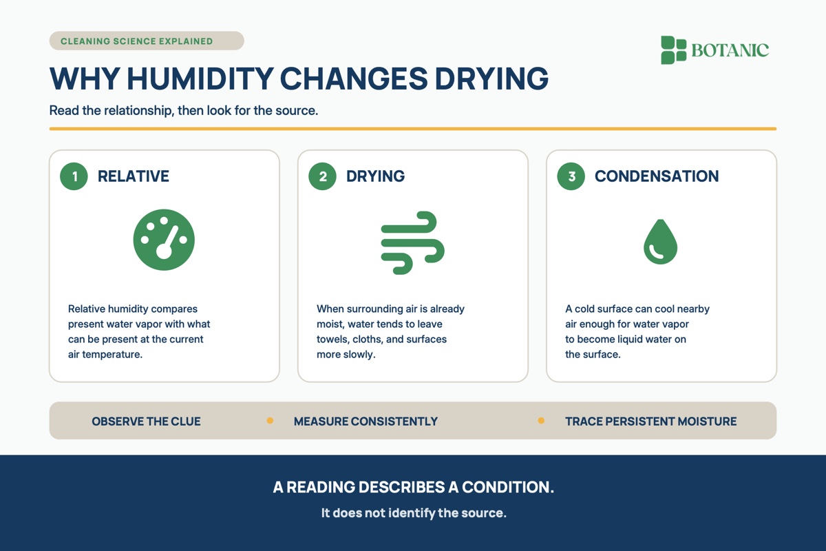 A humidity explainer shows how relative humidity depends on temperature, why moist surrounding air slows drying, and how cold surfaces can collect condensation.