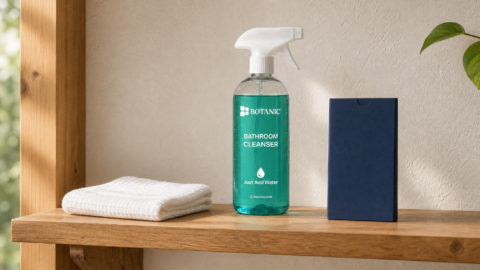 One exact Botanic Bathroom Cleanser bottle stands label-forward on a high utility shelf beside a folded cloth and a plain directions sleeve.