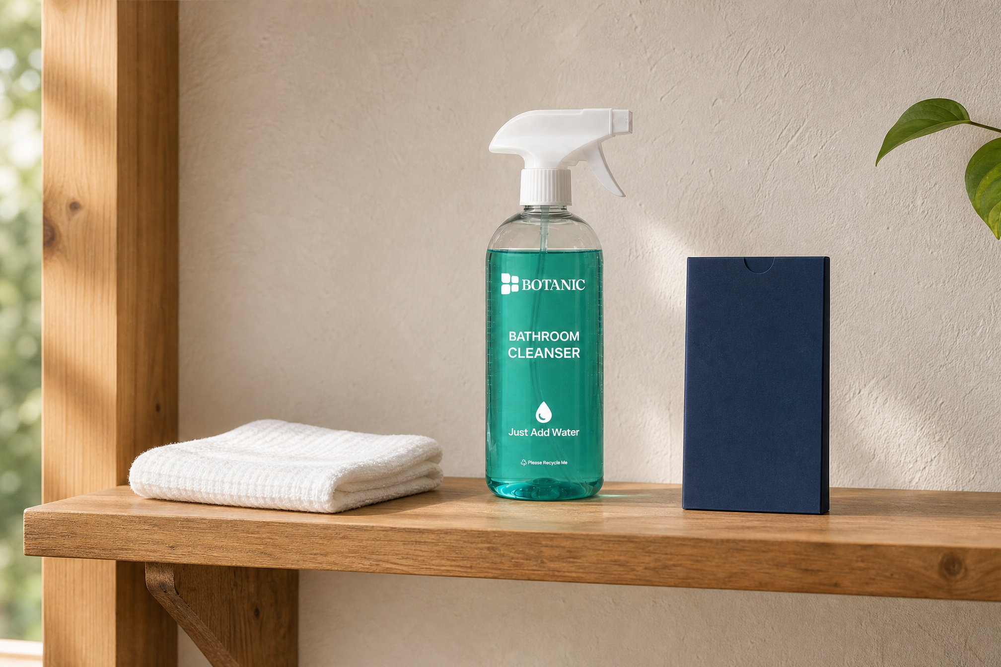 One exact Botanic Bathroom Cleanser bottle stands label-forward on a high utility shelf beside a folded cloth and a plain directions sleeve.