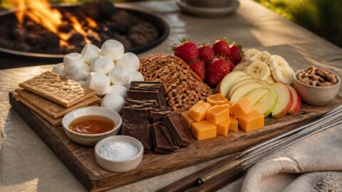 Sweet and savory s'mores ingredients arranged on a serving board beside a safely contained fire pit.