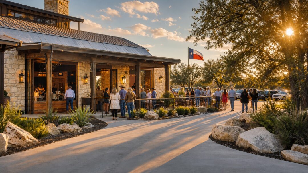 Neighbors gathering outside a distinctive locally owned Texas roadhouse in warm evening light.