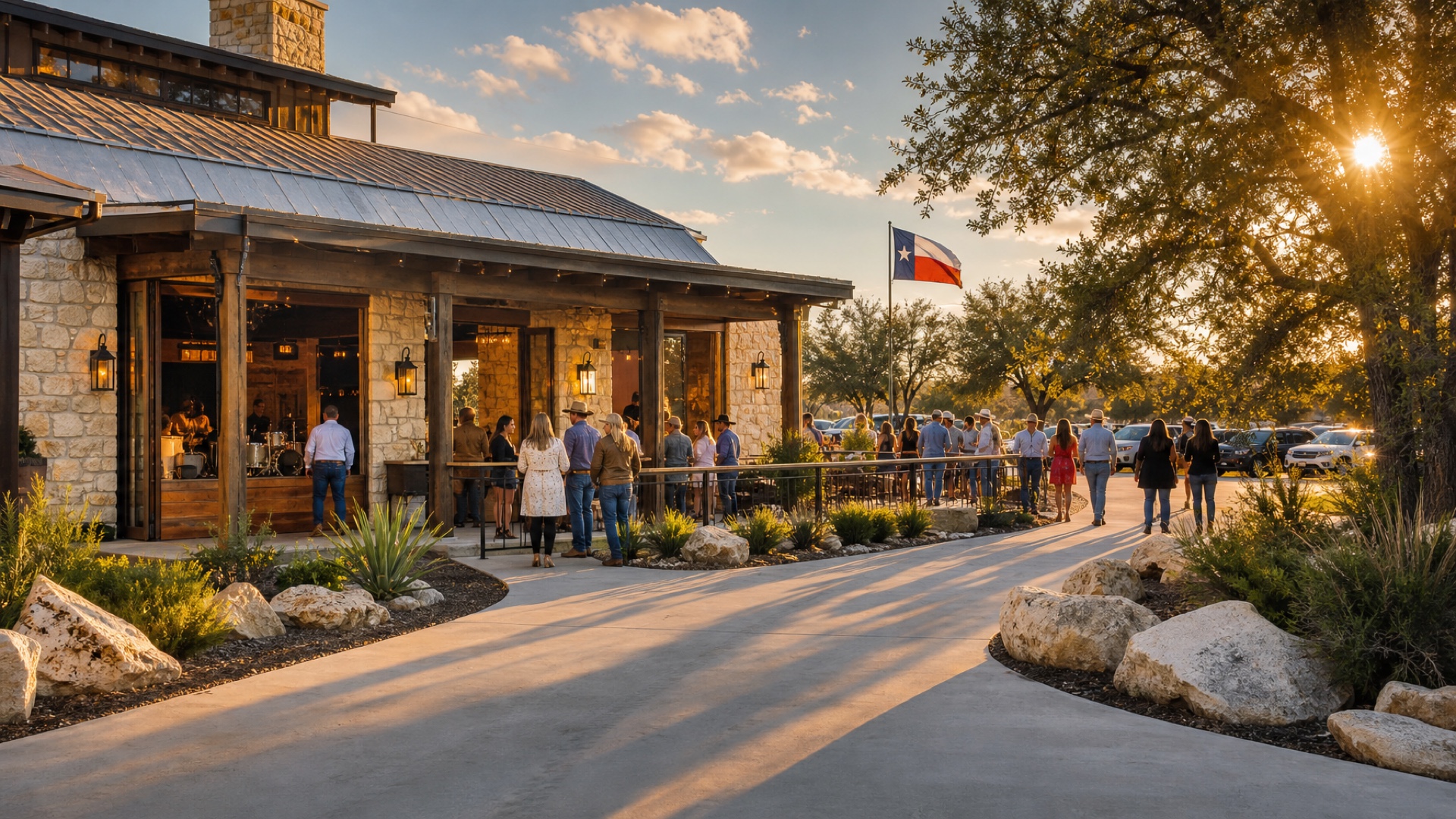 Neighbors gathering outside a distinctive locally owned Texas roadhouse in warm evening light.