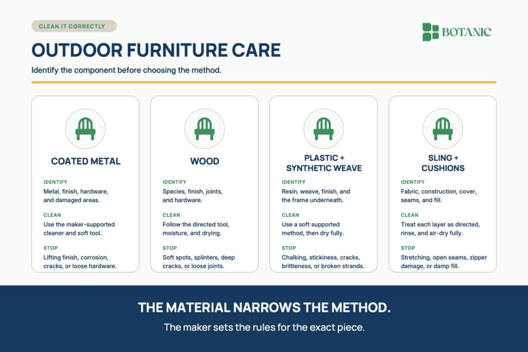 An outdoor furniture care matrix separates coated metal, wood, plastic or synthetic weave, and sling or cushion care into identify, clean, and stop checks.