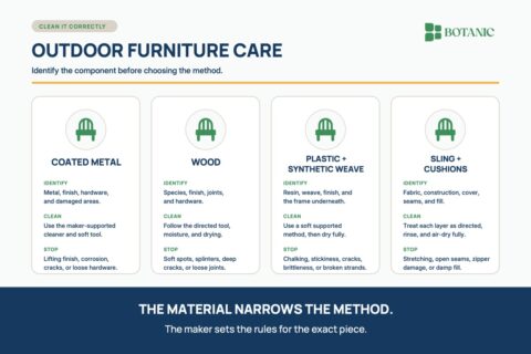 An outdoor furniture care matrix separates coated metal, wood, plastic or synthetic weave, and sling or cushion care into identify, clean, and stop checks.