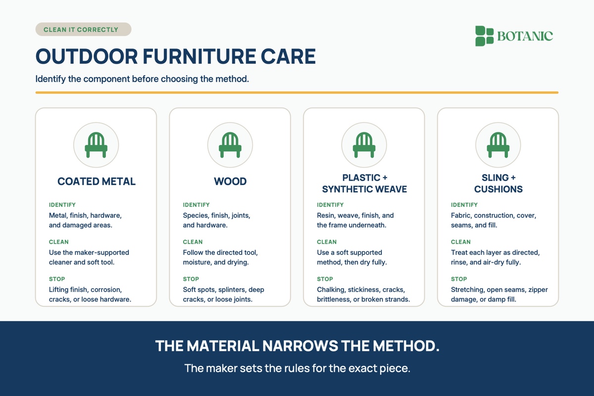An outdoor furniture care matrix separates coated metal, wood, plastic or synthetic weave, and sling or cushion care into identify, clean, and stop checks.