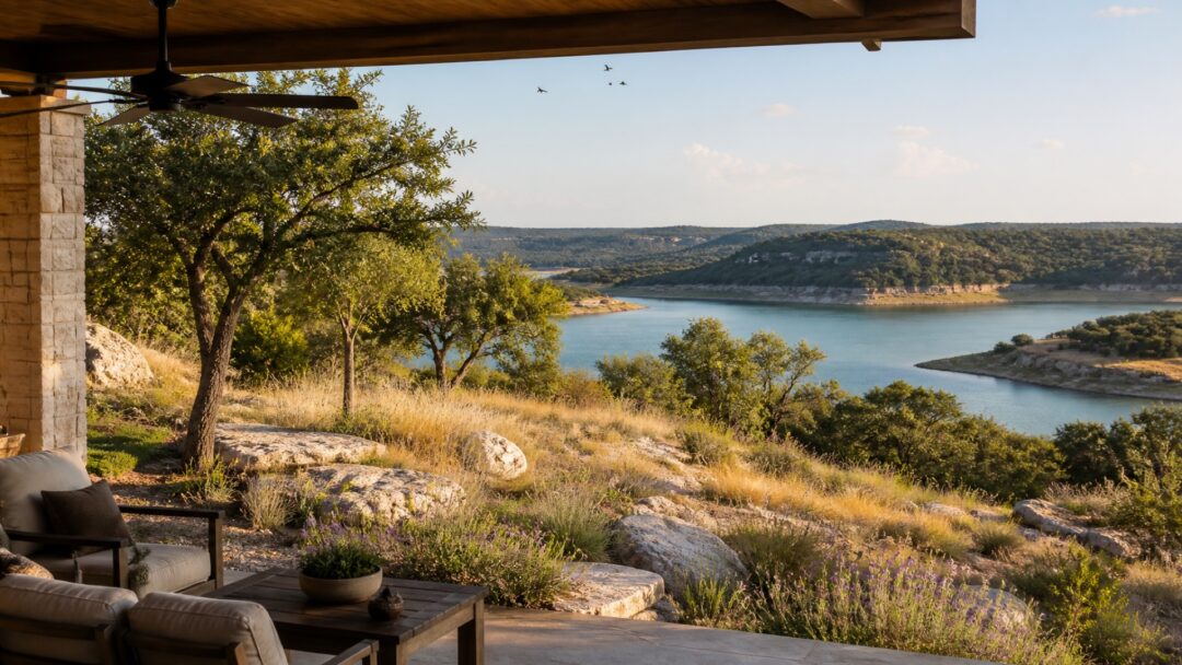 Late-August Texas Hill Country scenery with limestone, native grasses, live oaks, birds, and a reservoir shoreline.
