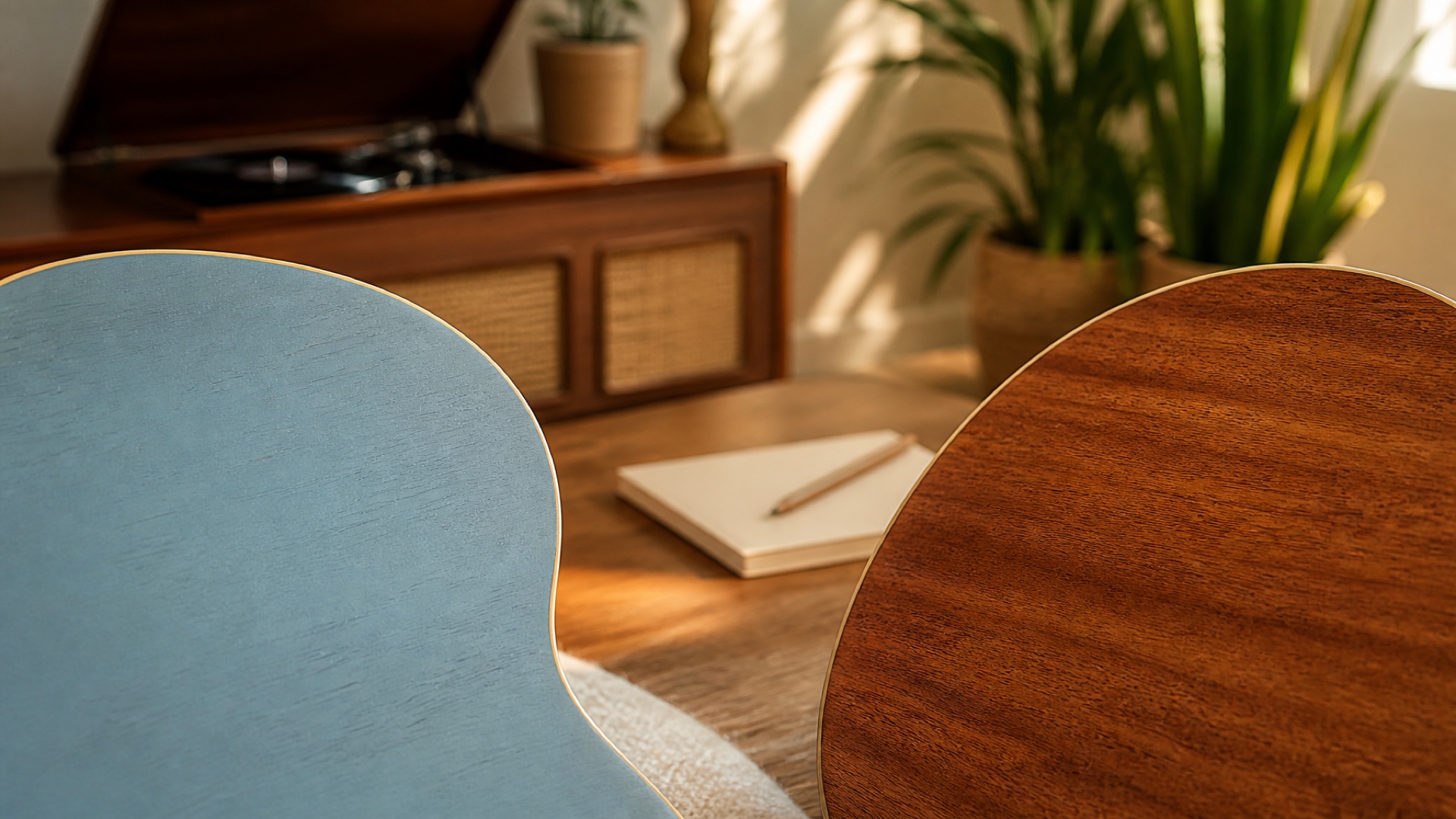 The curved blue and natural-wood backs of two ukuleles in warm afternoon light.
