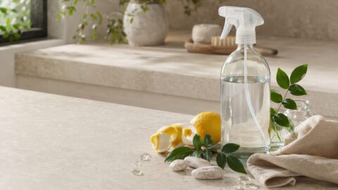 Clear refillable spray bottle with citrus, green leaves, stones, and linen on a sunlit travertine kitchen counter.