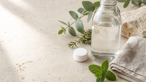 A small cleaning tablet, reusable clear bottle, water, linen, and greenery arranged on pale travertine.