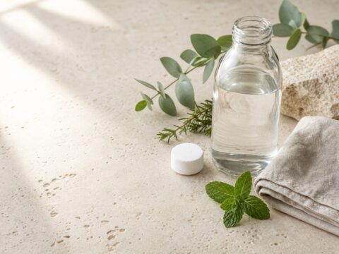A small cleaning tablet, reusable clear bottle, water, linen, and greenery arranged on pale travertine.
