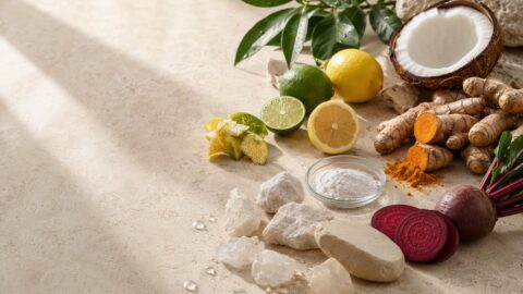 Citrus, coconut, turmeric, beet, botanicals, mineral stones, crystals, and powder arranged on pale travertine.
