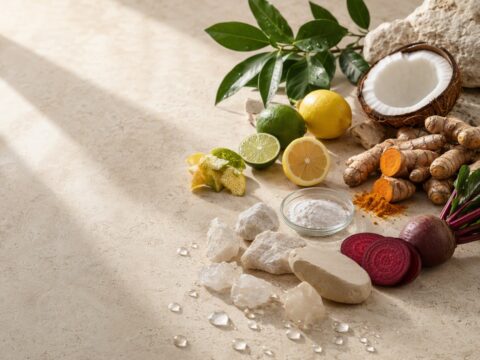 Citrus, coconut, turmeric, beet, botanicals, mineral stones, crystals, and powder arranged on pale travertine.