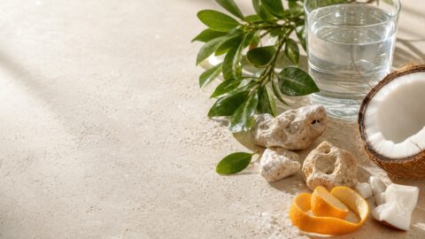 Coconut, citrus, green leaves, mineral stones, water, and clean neutral materials arranged on pale travertine.
