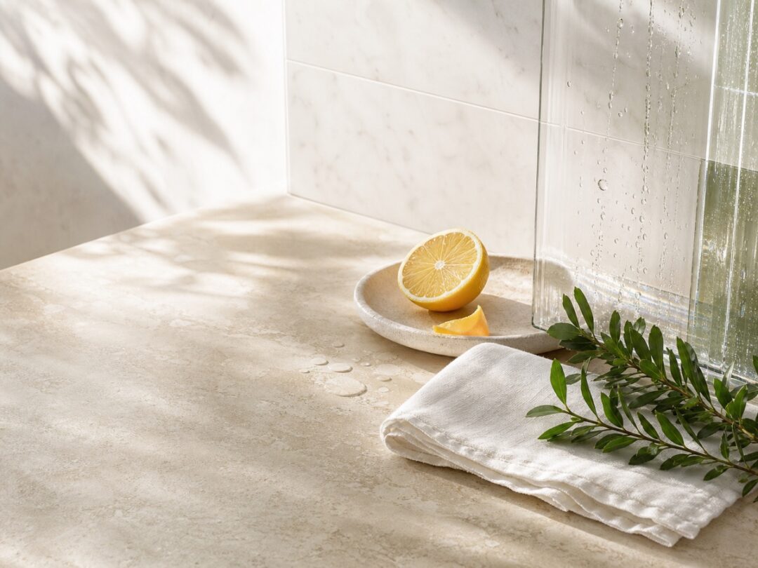 Lemon, natural linen, greenery, water droplets, stone tile, and clear glass in soft window light.