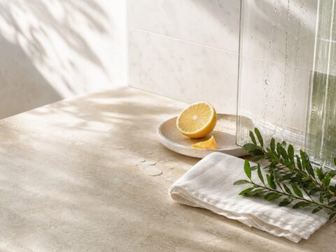 Lemon, natural linen, greenery, water droplets, stone tile, and clear glass in soft window light.