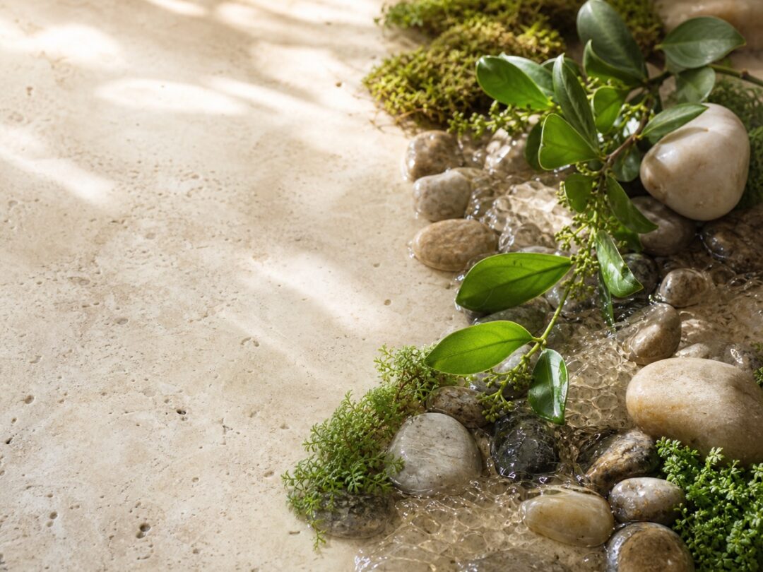 Clear water, smooth stones, moss, and healthy green leaves arranged as a calm natural ecosystem.