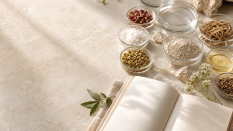 An open blank journal with botanical ingredients, minerals, water, and linen in soft natural light.