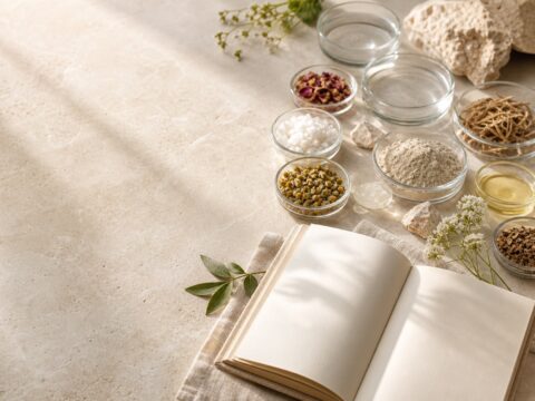 An open blank journal with botanical ingredients, minerals, water, and linen in soft natural light.