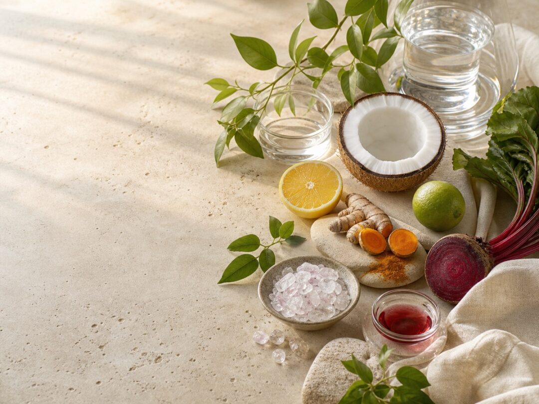 Botanical ingredients, minerals, clear water, citrus, coconut, beet, turmeric, and linen arranged together.