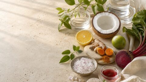 Botanical ingredients, minerals, clear water, citrus, coconut, beet, turmeric, and linen arranged together.