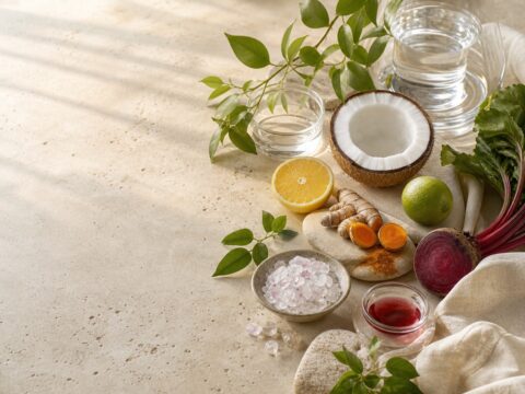 Botanical ingredients, minerals, clear water, citrus, coconut, beet, turmeric, and linen arranged together.