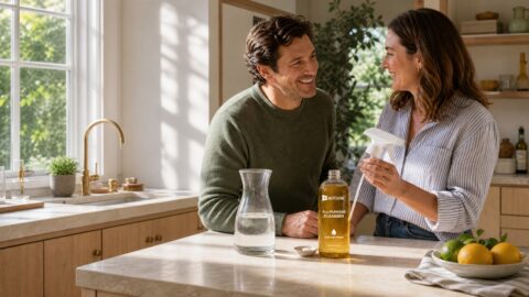 Two adults prepare a refillable Botanic cleaning bottle with one small cleaning tablet in a bright kitchen.