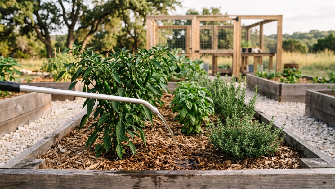 A watering wand delivers a slow stream at soil level in a mulched Texas raised garden bed.