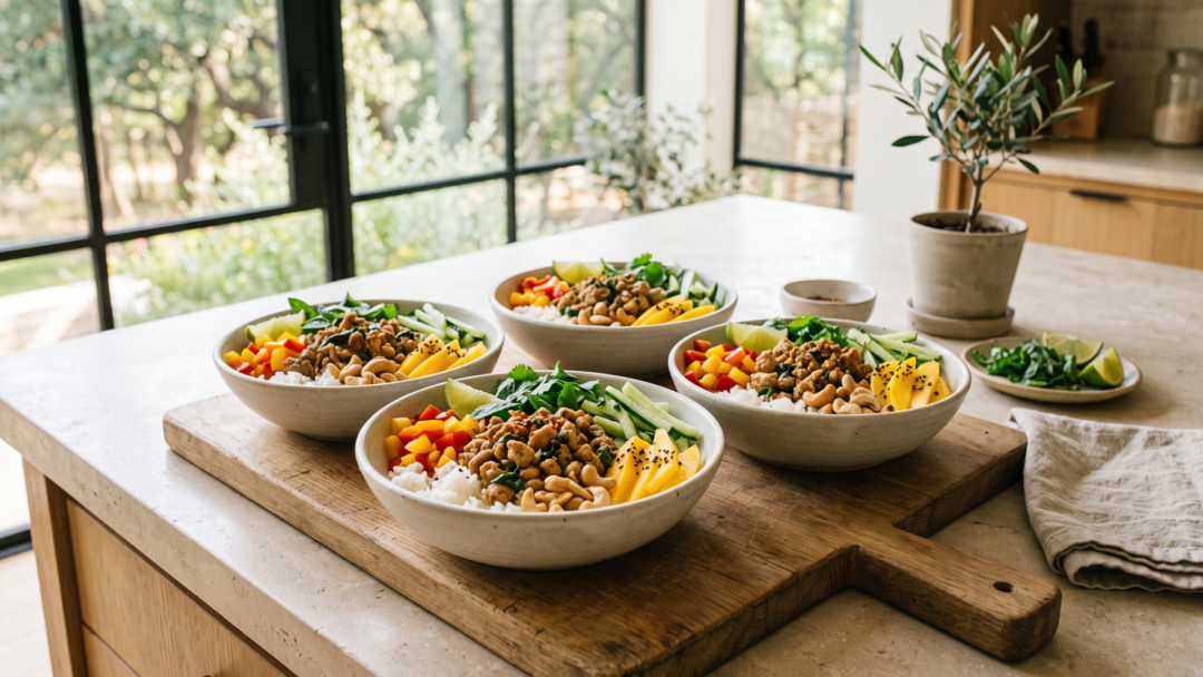 Sweet basil chicken bowls with ground chicken, peppers, cashews, rice, and fresh herbs.