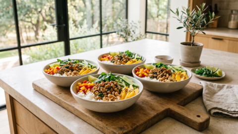 Sweet basil chicken bowls with ground chicken, peppers, cashews, rice, and fresh herbs.