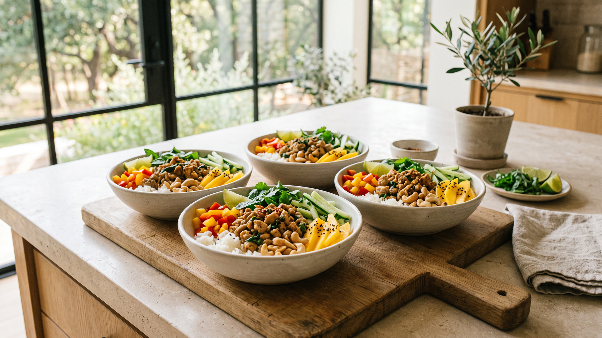 Sweet basil chicken bowls with ground chicken, peppers, cashews, rice, and fresh herbs.