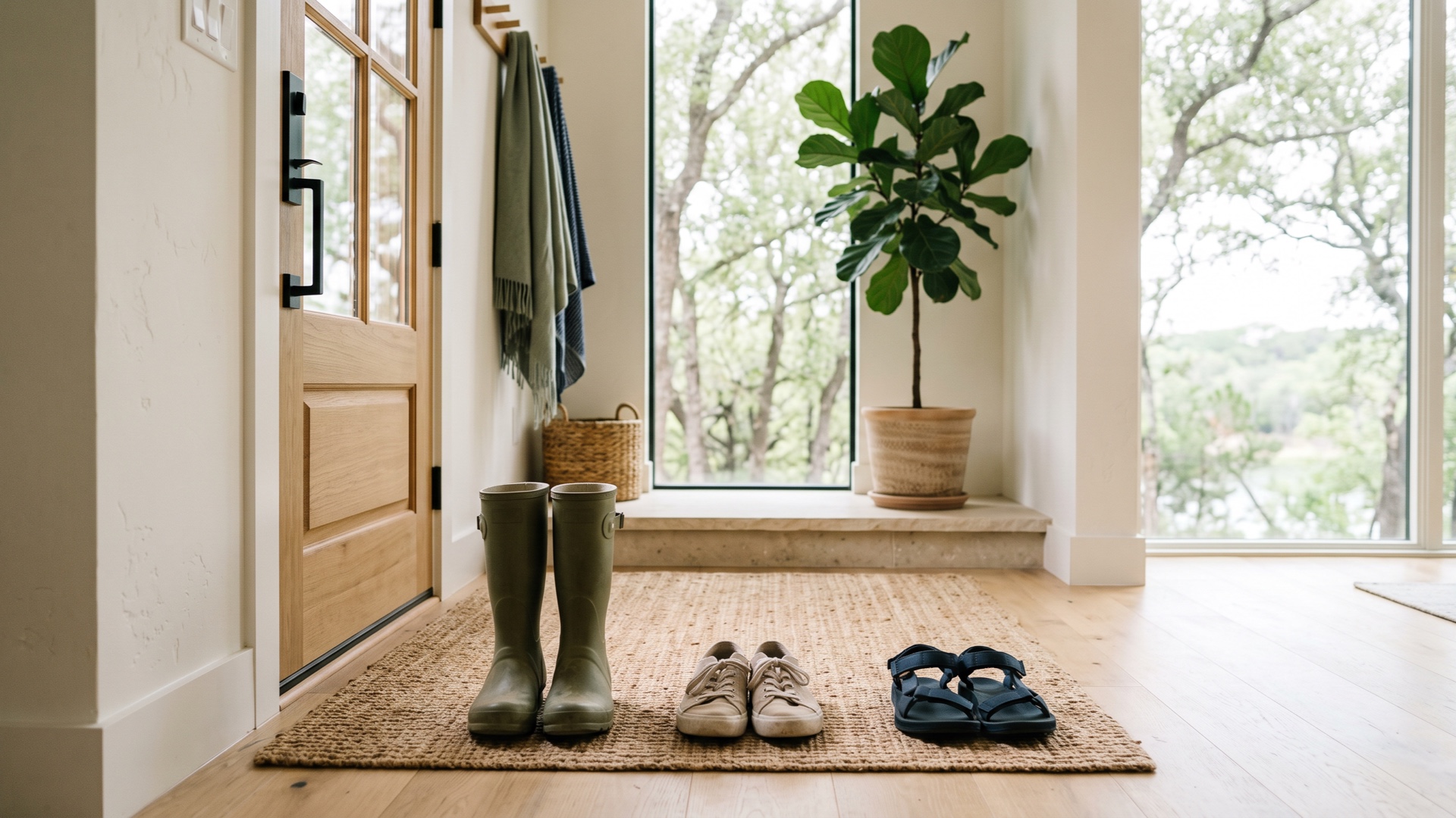 Three pairs of everyday shoes arranged by the entry door of a bright Texas lakehouse.
