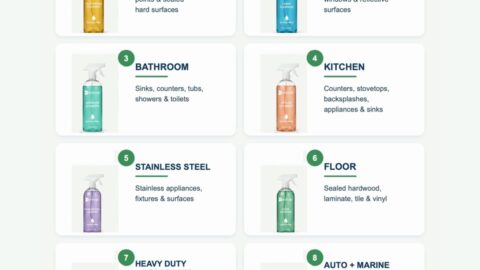 Portrait Botanic infographic pairing eight cleanser bottles with short lists of their intended household cleaning routines.