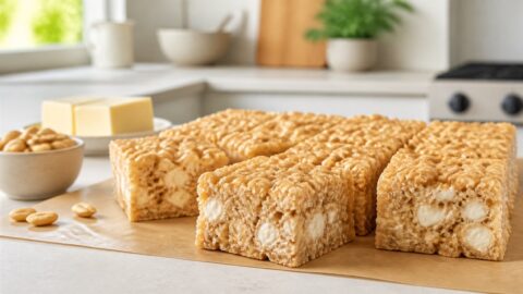 Fluffernutter crispy rice treats cut into squares on a late-summer table.