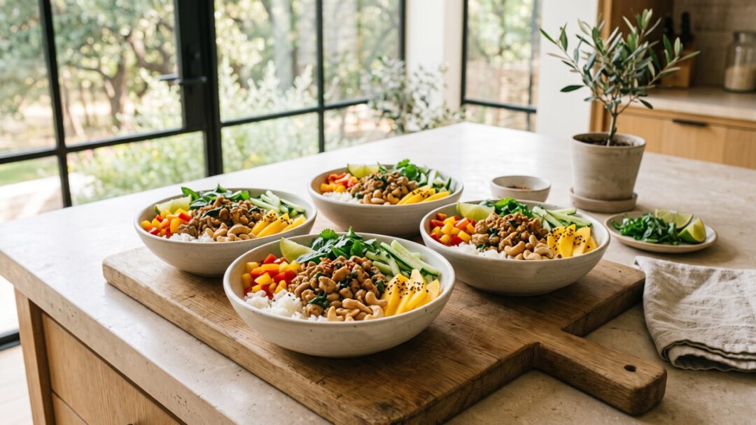 Sweet basil chicken bowls with ground chicken, peppers, cashews, rice, and fresh herbs.